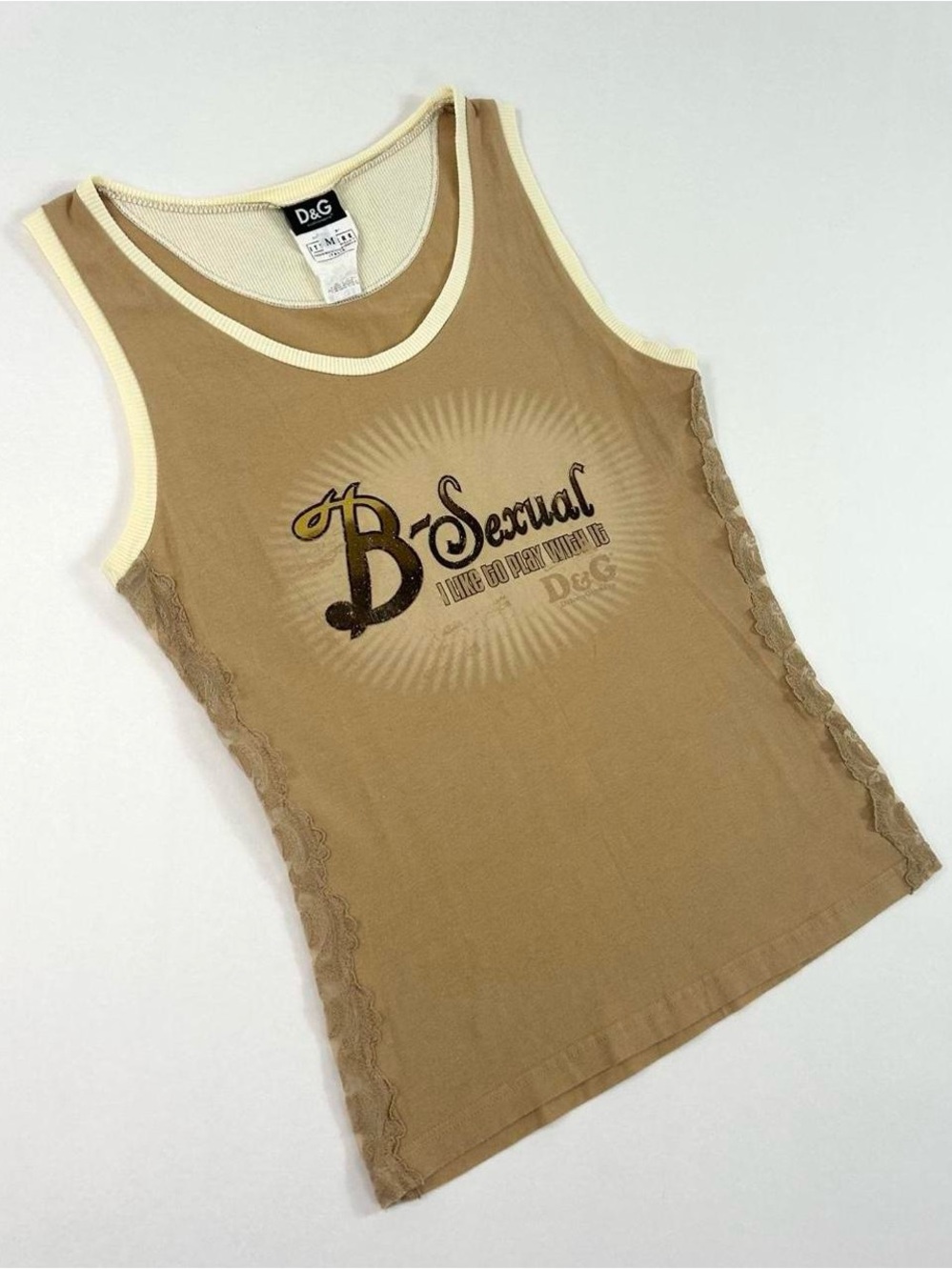 D&G Women’s Tan Tank Top with Cream Trim & Graphic